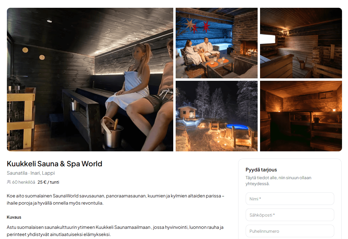 Kuukkeli Sauna & Spa Worldin tilasivu: kuvagalleria, tilan tiedot ja kyselylomake
